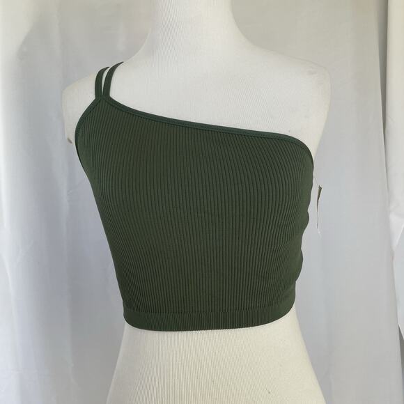 Aerie Size Large NEW Seamless one Shoulder Ribbed Sports Bra Green Bralette - Picture 1 of 6